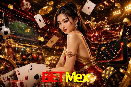 Una escena digital vívida inspirada en casino con BetMex mostrado prominentemente, luces brillantes, fichas, cartas y acentos dorados.