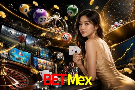 Escena dinámica inspirada en casino con iluminación BetMex, cartas, fichas e íconos de juegos digitales en un espacio moderno de juegos.