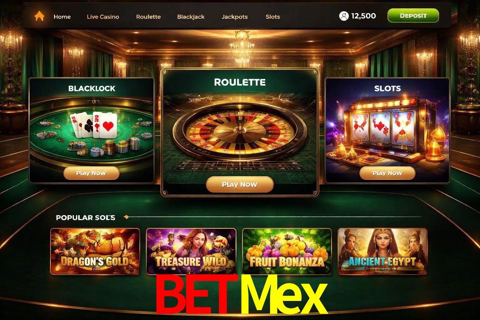 Vista de la plataforma BetMex Casino mostrando categorías organizadas de juegos en línea