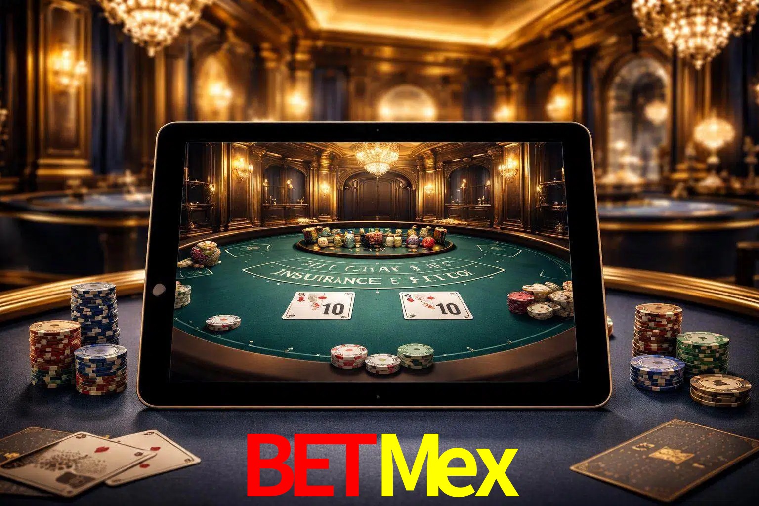 Configuración moderna de casino en vivo con una tableta mostrando una mesa de blackjack, luces cálidas de estudio y una atmósfera elegante de juegos digitales.