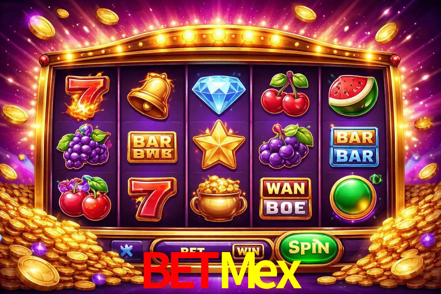 Una interfaz colorida de tragamonedas en línea con símbolos brillantes, monedas y un efecto de victoria celebratoria en BetMex.