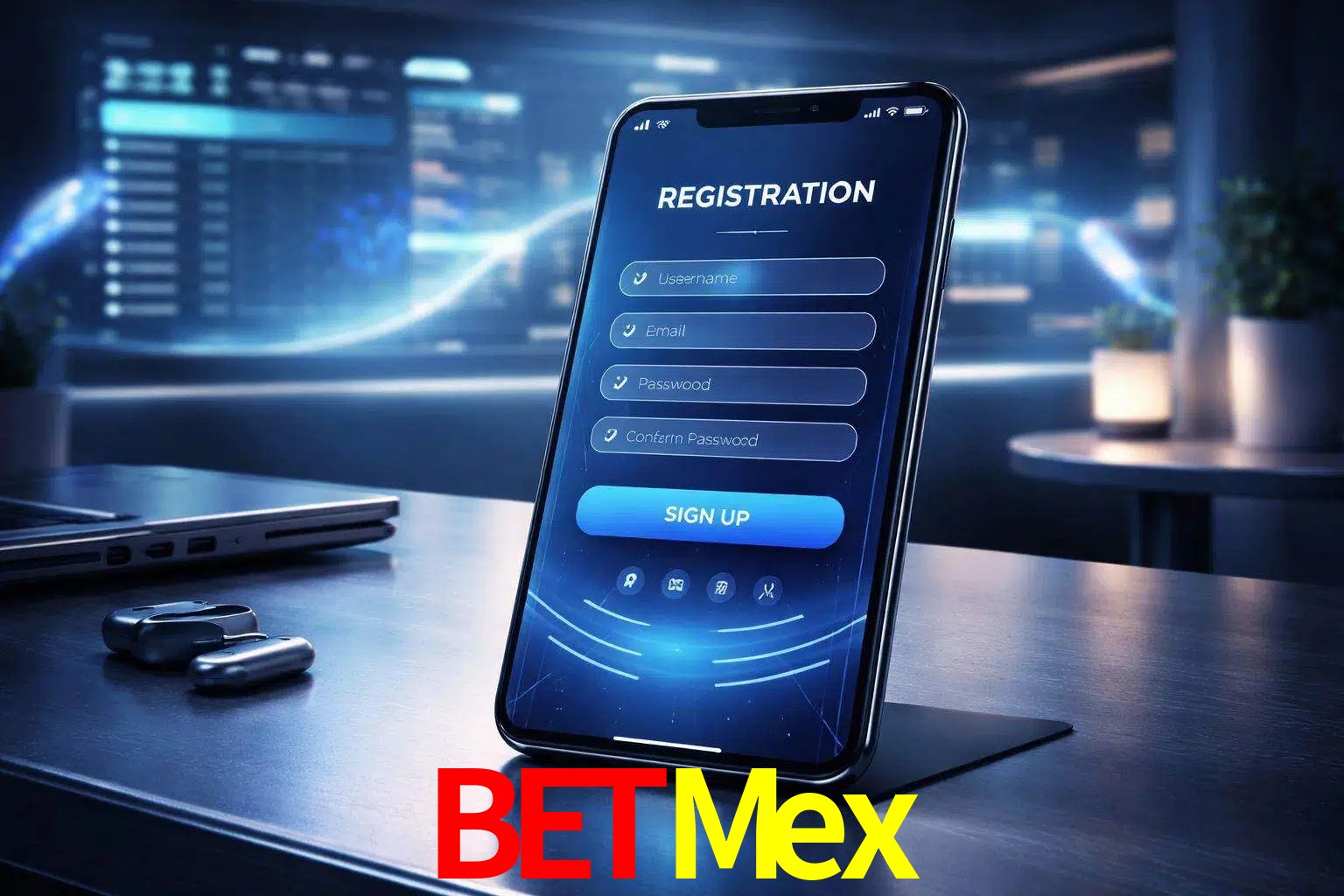 Una interfaz moderna de registro móvil para BetMex mostrada en un smartphone con un panel de apuestas elegante.